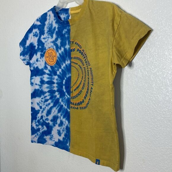DUTCH BROS Coffee Blue/Mustard Yellow Tie Dye Split T Shirt Size S - Picture 2 of 6
